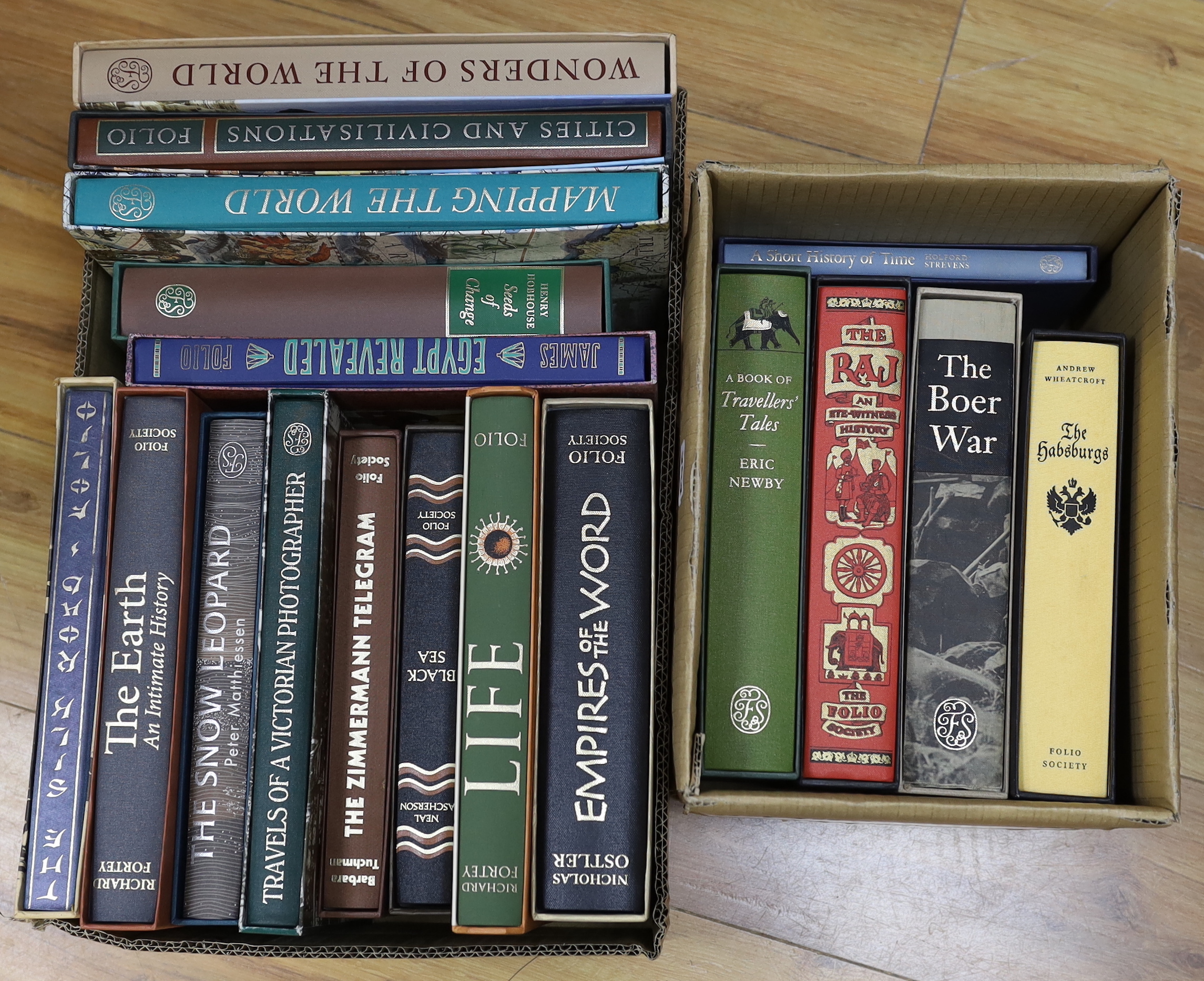 Folio Society - A Miscellany, mostly history and travel, includes Hudson's The Raj (1999), Pakenham's The Boer War (1999), Hobhouse's Seeds of Change (2007); and 15 others, all with slip cases (18)